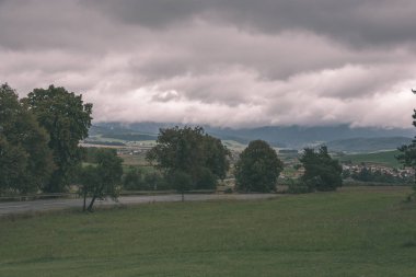 yapraklar ve ağaçlar çevresinde - vintage bir retro görünüm ile perspektif içinde basit kırsal orman yolu