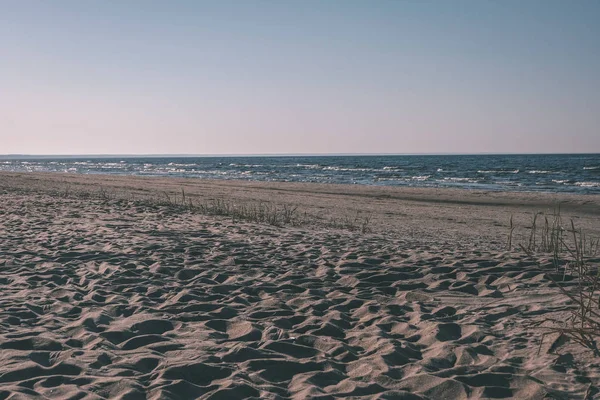 panoramik deniz plaj kayalar, bitkiler ve temiz su ile yaz aylarında güneşli gün - vintage bir retro görünüm görünümünde