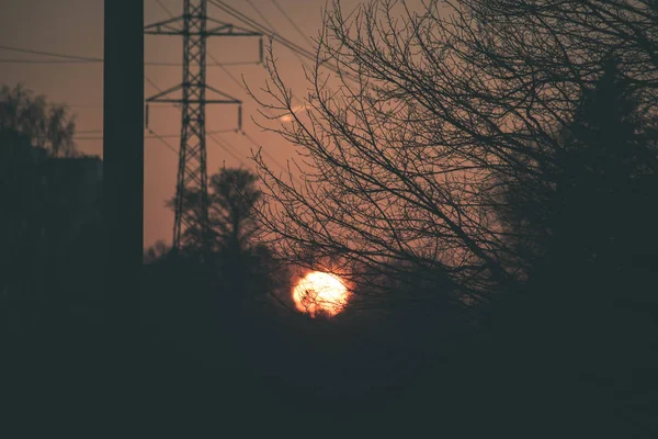 Uitzicht Zonsondergang Achter Elektriciteit Stroomkabels Gebouwen — Stockfoto