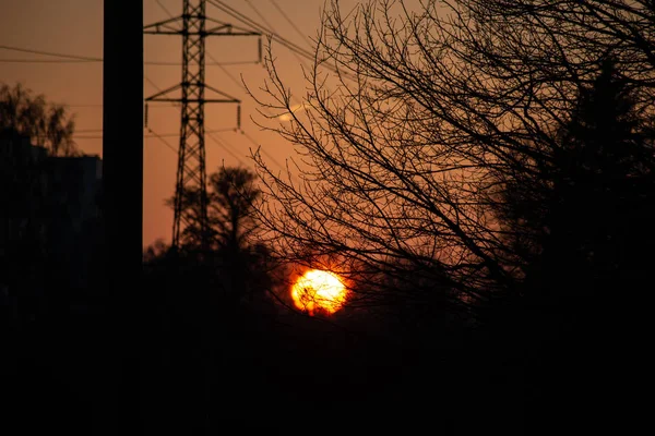 大規模な電気力線金属の棒の後ろにダウン沈む夕日 ワイヤの暗いシルエット — ストック写真