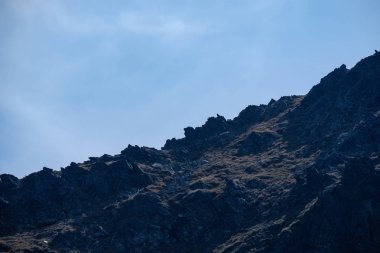 Uzak dağ çekirdek Slovakya'da Tatra mountain parkurları mavi gökyüzü ve yeşil bitki örtüsü ile açık sonbahar günü sis