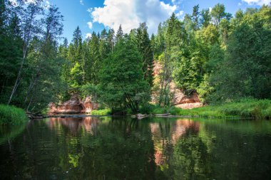 nehir, Amata Letonya yaz sabahı kumtaşı kayalıklarla, yeşil yaprakları ile su akışı