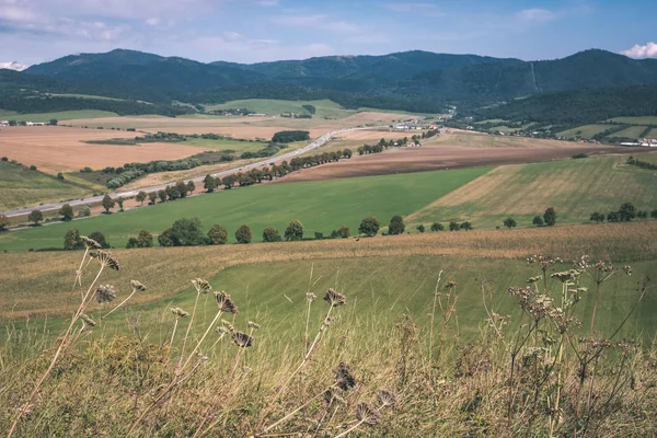 スロバキアの山々 に至るまで緑の草原の国砂利道 — ストック写真