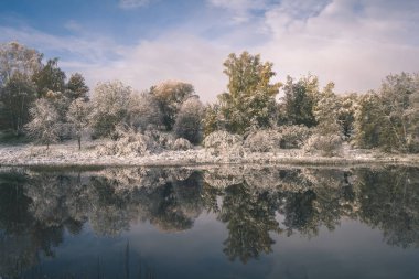 soğuk ve sakin sabah görünümü ile ilk gölün vintage bir retro görünüm sol - yeşil yaprakları ile Kışın kar