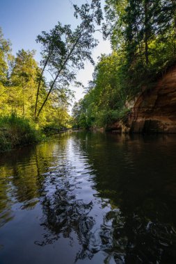 yaz günü suda kumtaşı kayalıklarla ve kuru ağaç ormanları içine Nehri sakin. karanlık su nehir Brasla, Letonya