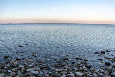 panoramik deniz plaj manzarası içinde kaya, bitkiler ve temiz su ile yaz aylarında güneşli bir gün