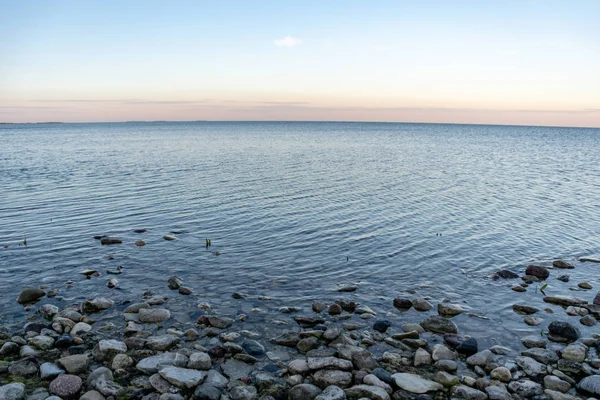 Панорамний Вид Морський Пляж Влітку Камінням Рослинами Чистою Водою Сонячний — стокове фото