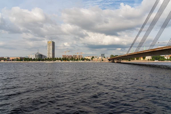 Riga City Capital Latvia Panoramic View River Daugava Cable Bridge — Stock Photo, Image