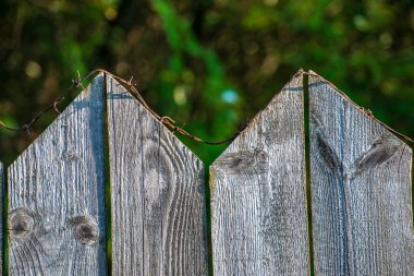 yakın çekim yaz aylarında eski ahşap çit üstünde paslı dikenli tel