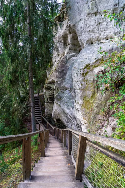 Sentiero Turistico Nel Verde Bosco Estivo Con Scogliera Rocciosa — Foto Stock