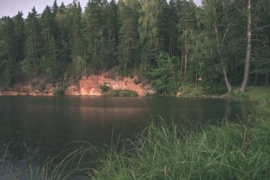 kumtaşı kayalıklarla nehrin Amata ve yeşil ormanlar, Letonya, sahilinde