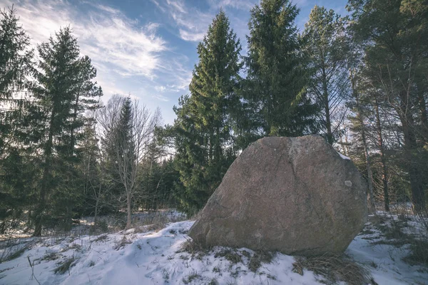 large granite rock on snow covered ground in nature