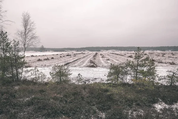 在黑暗多云的天空下 冬天被雪覆盖的田野的乡村景观 — 图库照片