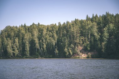suda yaz günü nehir orman kumtaşı kayalıklarla ve kuru ağaç, Brasla Nehri, Letonya ile içine sakin