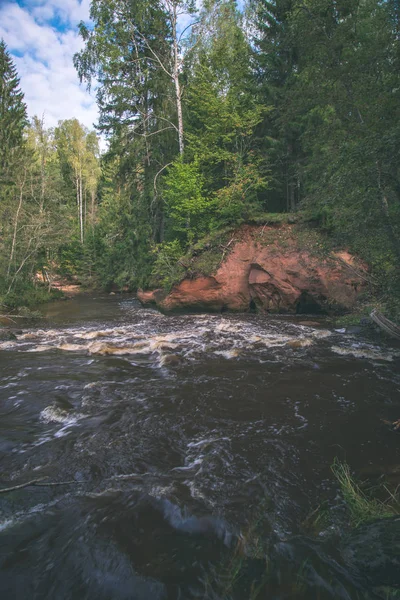 Zandstenen Rotsen Oevers Van Rivier Amata Groene Bossen Letland — Stockfoto