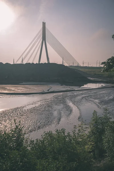 Vista Panorâmica Com Rio Daugava Ponte Cabo Pôr Sol Riga — Fotografia de Stock