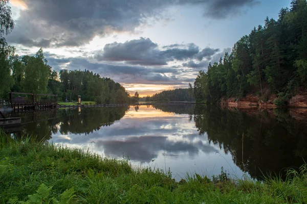 Jezioro Lecie Zielonych Liści Drzewa Trawy Brzegu Pod Dramatyczne Niebo — Zdjęcie stockowe