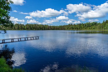 mavi gökyüzü göl kıyısında yeşil yeşillik ile yaz aylarında sakin su üzerinde beyaz bulutlar ile
