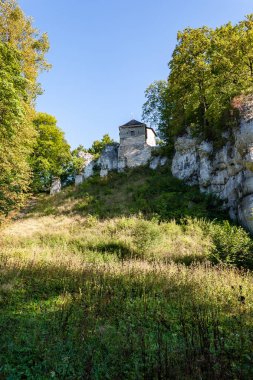 kayalık uçurum yaz doğada mavi gökyüzü altında ev