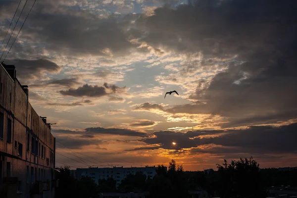 屋根の上に沈む夕日の美しい劇的な空 — ストック写真