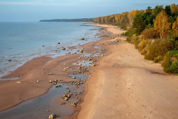 Sandstrand Mit Ebbe Bei Bewölktem Tag Herbstfarben — Stockfoto