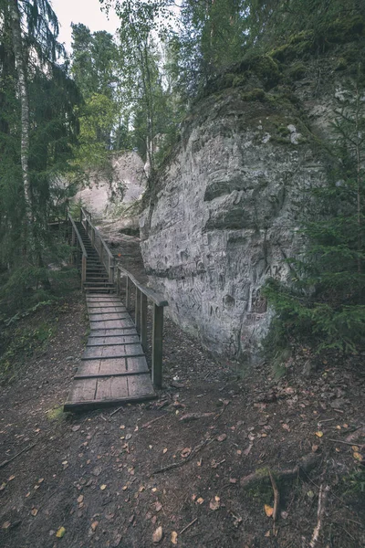 Sentier Touristique Avec Sentier Bois Près Falaise Grès Sietiniezis Lettonie — Photo