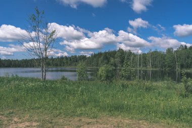 Yaz aylarında sakin su üzerinde mavi gökyüzü