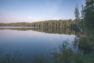 Orman ve sakin göl üzerinde gökyüzü doğal görünümünü