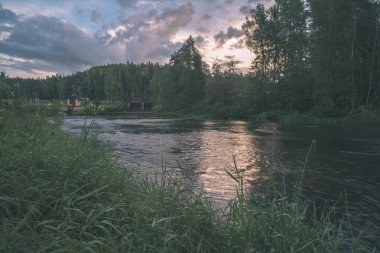 mavi gökyüzü ve yaz aylarında yeşil orman ile sakin Nehri manzaralı görünüm