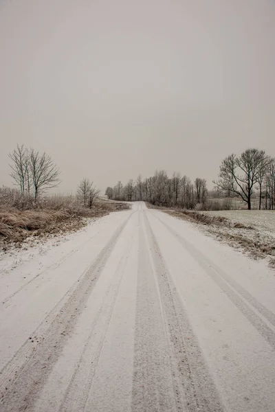 トラック タイヤで冬道が雪に覆われています — ストック写真