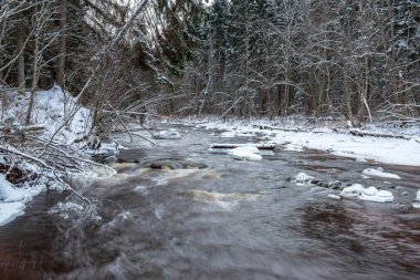 Kışın, Letonya orman Amata Nehri'nin doğal görünümü