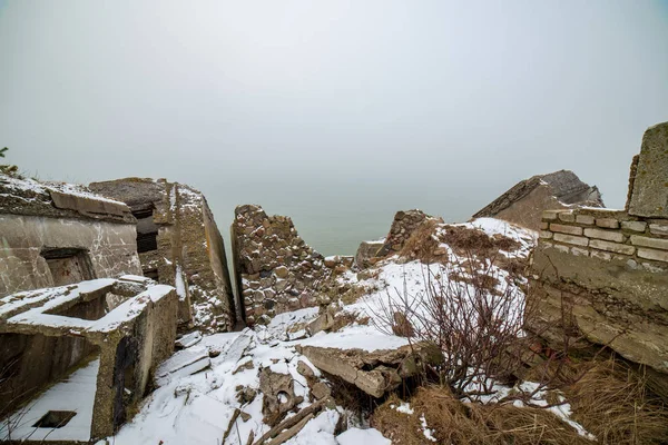 ruins of old war fort in Liepaja, Latvia on snowy winter day