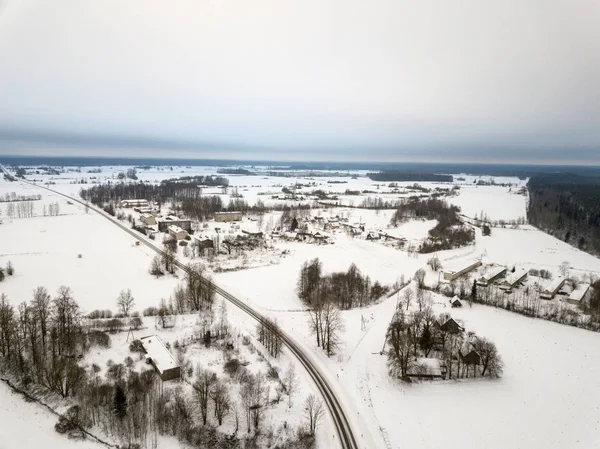 Landstraßen Winter Und Kleines Dorf Von Oben — Stockfoto