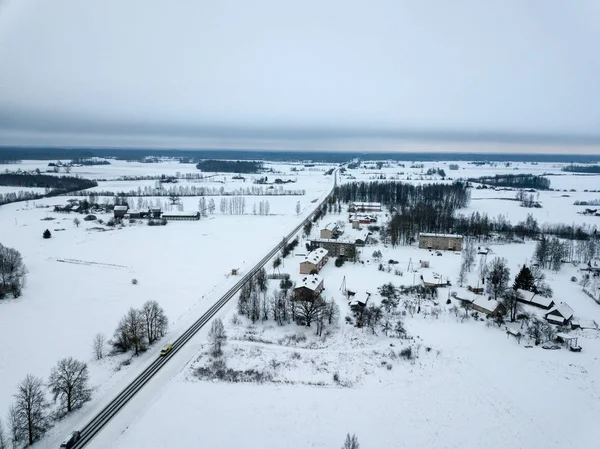 Estradas Rurais Inverno Pequena Aldeia Cima — Fotografia de Stock