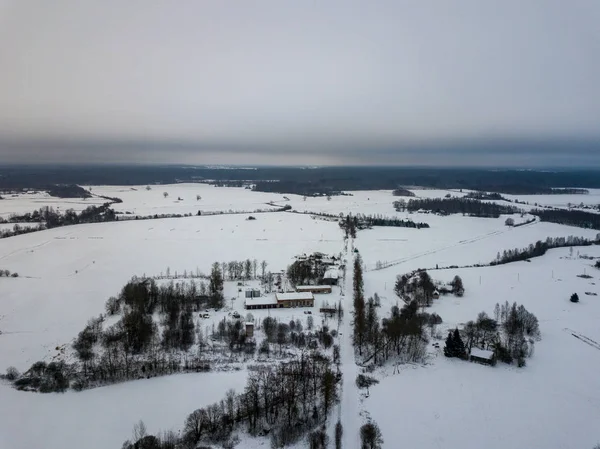 Landstraßen Winter Und Kleines Dorf Von Oben — Stockfoto