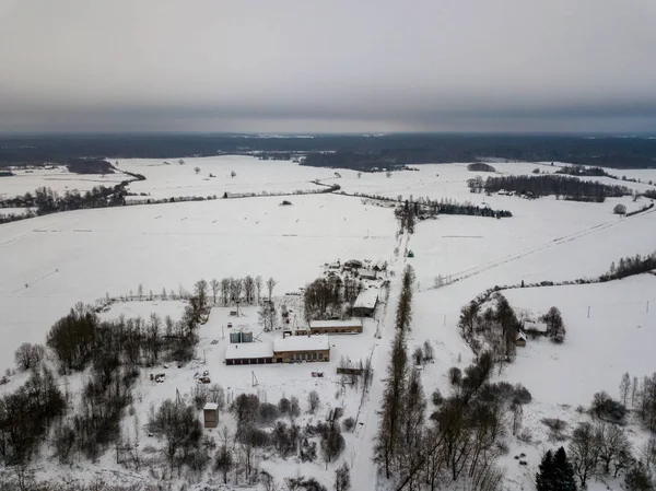 Landstraßen Winter Und Kleines Dorf Von Oben — Stockfoto