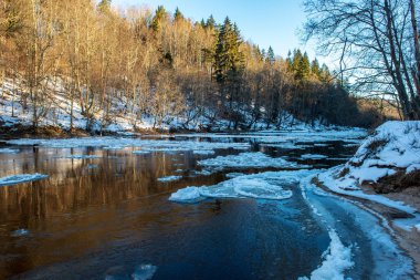 kumtaşı kayalıklarla Letonya kış Gauja Nehri kıyısında