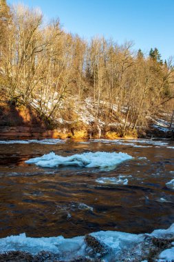 kumtaşı kayalıklarla Letonya kış Gauja Nehri kıyısında