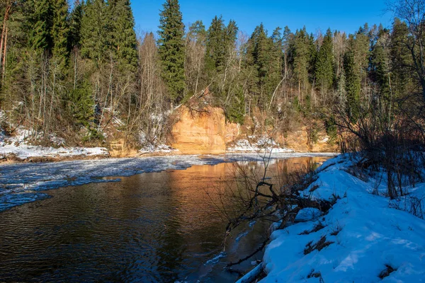 冬のラトビアで ガウヤ川の岸に砂岩の崖 — ストック写真