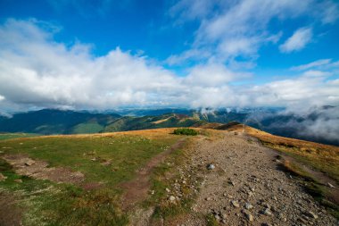 Slovakça Tatra Dağları'nda bulutların üzerinde yürüme. sisli sonbahar sabahı turistik rotalar taşlarla işaretlenmiş
