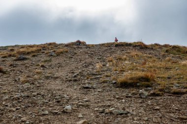 Slovakça Tatra Dağları'nda bulutların üzerinde yürüme. sisli sonbahar sabahı turistik rotalar taşlarla işaretlenmiş