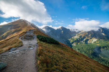 Slovakça Tatra Dağları'nda bulutların üzerinde yürüme. sisli sonbahar sabahı turistik rotalar taşlarla işaretlenmiş