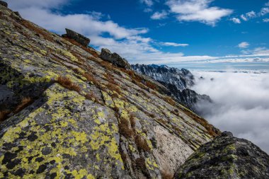 dağ tepe Krivan Slovakya görünümden. kış kar ve çıplak kayalar ile alçak bulutlar kaplı dağları
