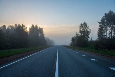 puslu Temmuz sabah boyalı beyaz çizgili boş asfalt yol