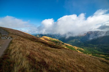 Slovakça Tatra Dağları'nda bulutların üzerinde yürüme. sisli sonbahar sabahı turistik rotalar taşlarla işaretlenmiş