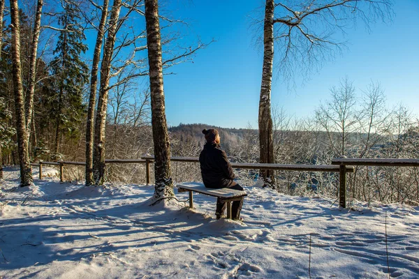 man welcoming fosun rising in heavy snow covered foirst light, sitting on wooden bench. est. first rays of light shining on frost iced tree branches and coloring vast landscape