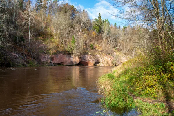 Blue Sky Clouds Reflecting Calm Water River Gauja Latvia Autumn — Stock Photo, Image