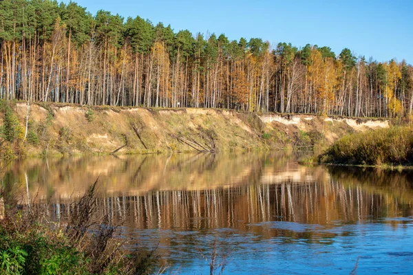 Blue Sky Clouds Reflecting Calm Water River Gauja Latvia Autumn — Stock Photo, Image