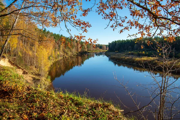 Голубое Небо Облака Отражающиеся Спокойной Воде Реки Гауи Латвии Осенью — стоковое фото