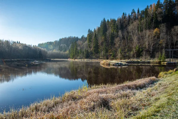 Blue Sky Clouds Reflecting Calm Water River Gauja Latvia Autumn — Stock Photo, Image